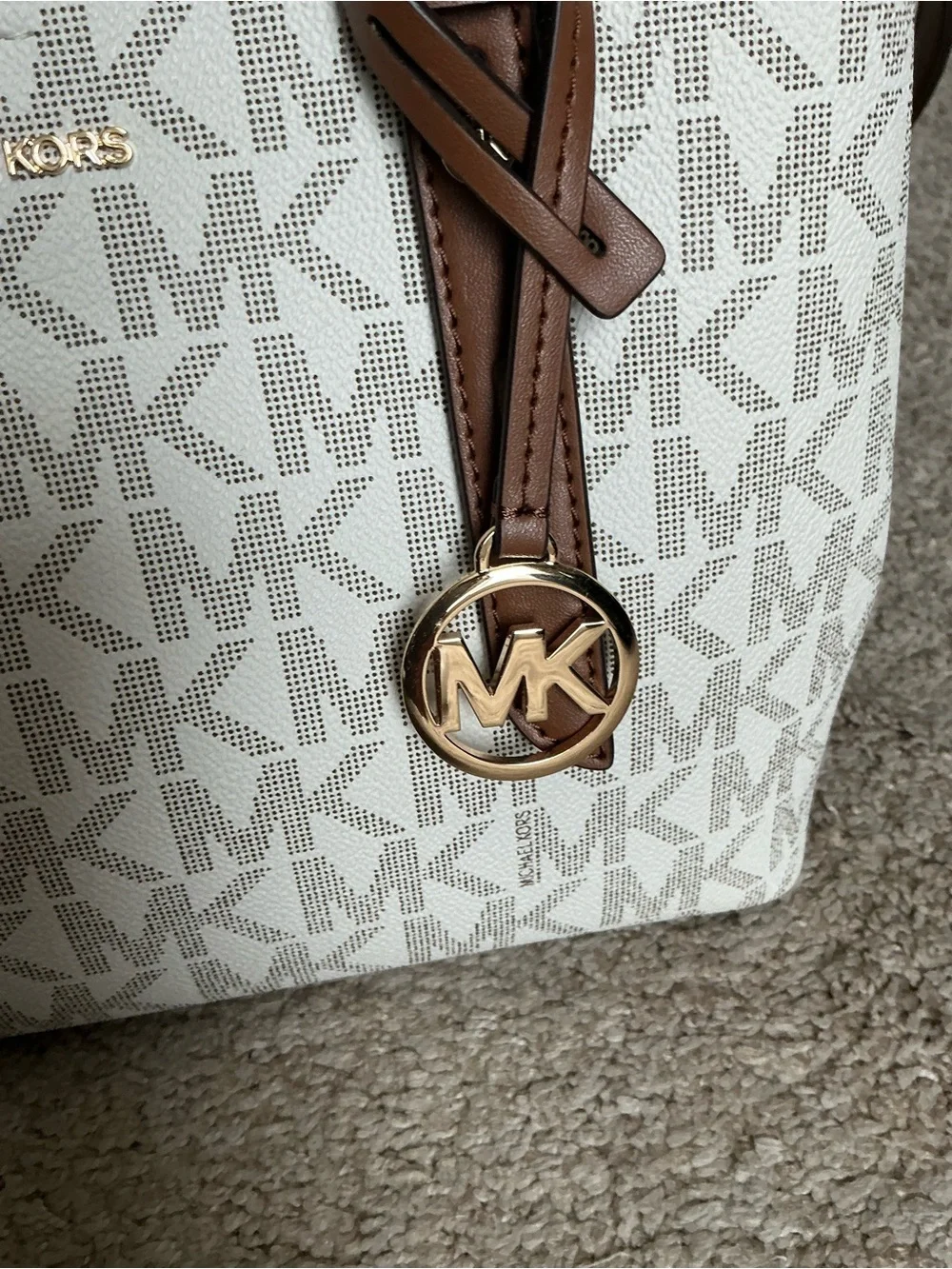 Michael Kors Vanilla Logo Satchel with Brown Trim